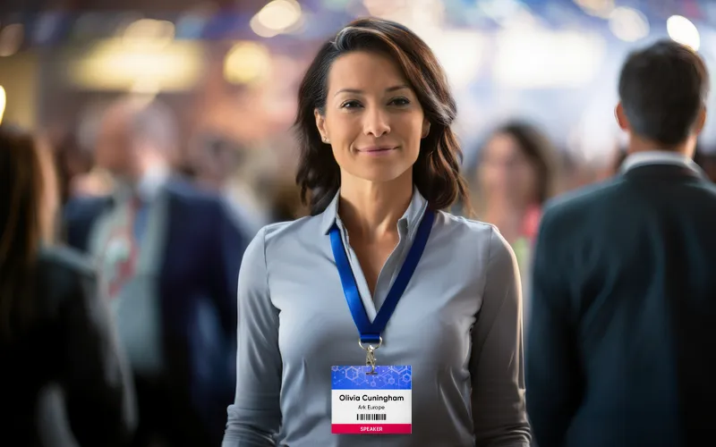 Woman wearing an event badge that identifies her as a speaker
