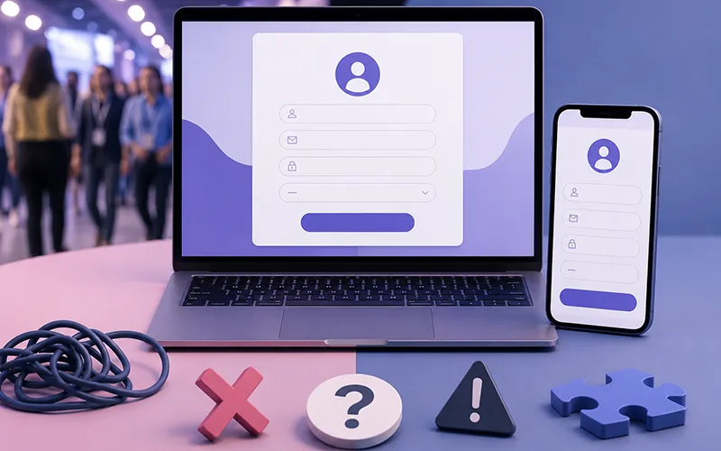 Registration form on laptop computer and smartphone with 3D icons on the table in front