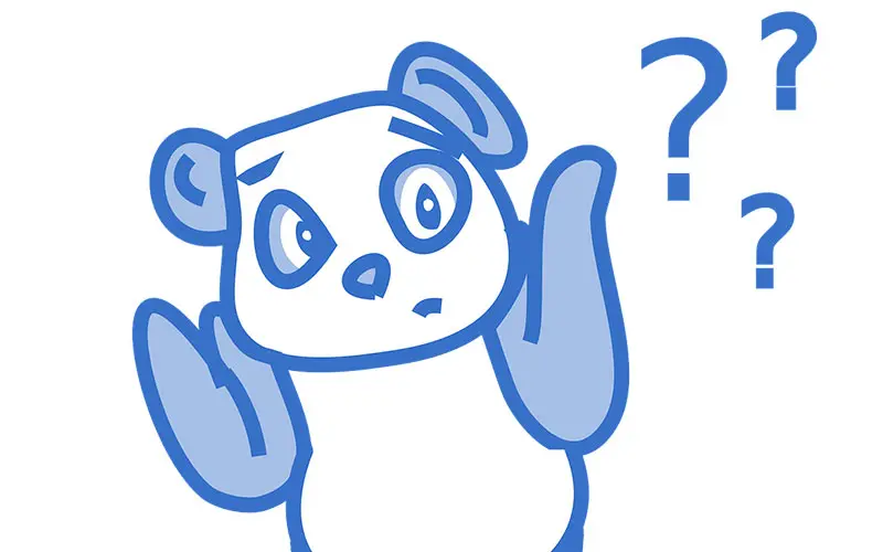 Panda shrugging it's shoulders with question marks around it