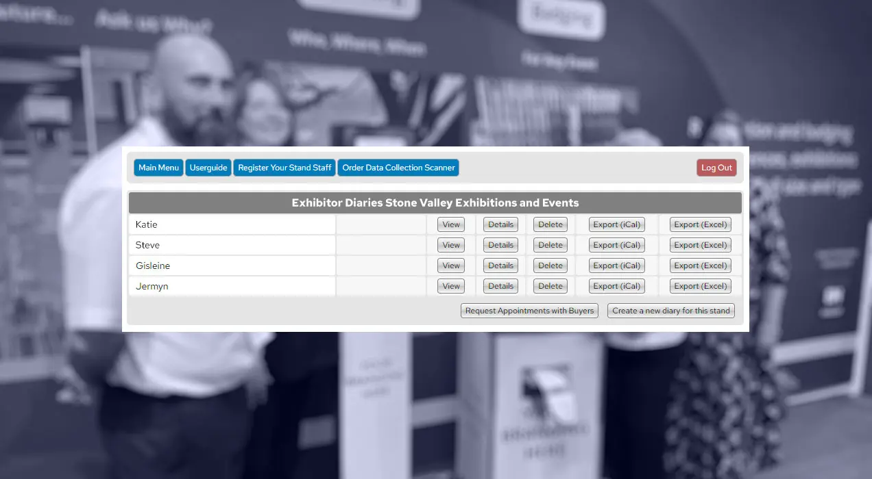 An exhibitor diary with different names and options to view, delete, and call