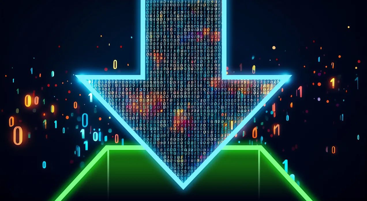 Arrow filled with data pointing into a glowing green box