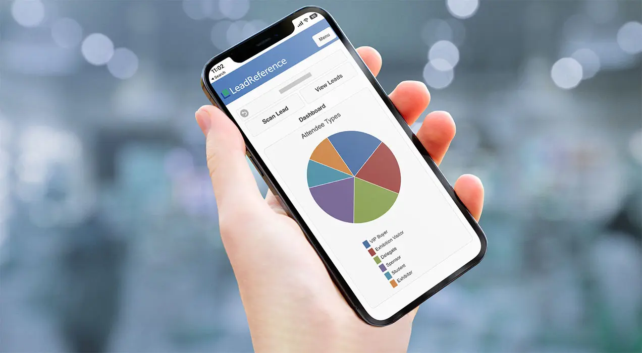 LeadReference app on mobile phone showing attendee statistics