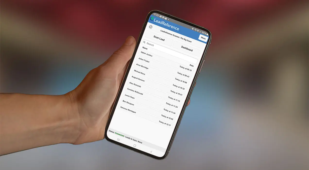LeadReference app on mobile phone showing attendee statistics