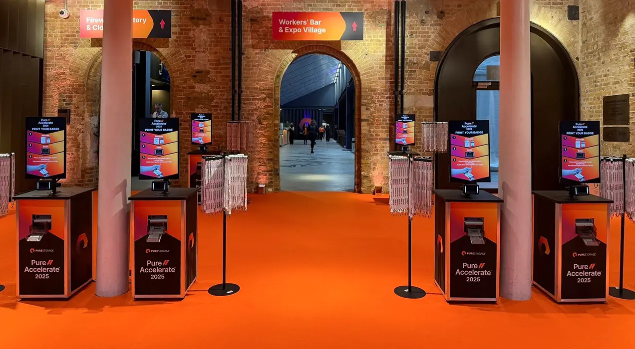 Branded PrintPods at entrance to Pure Accelerate event