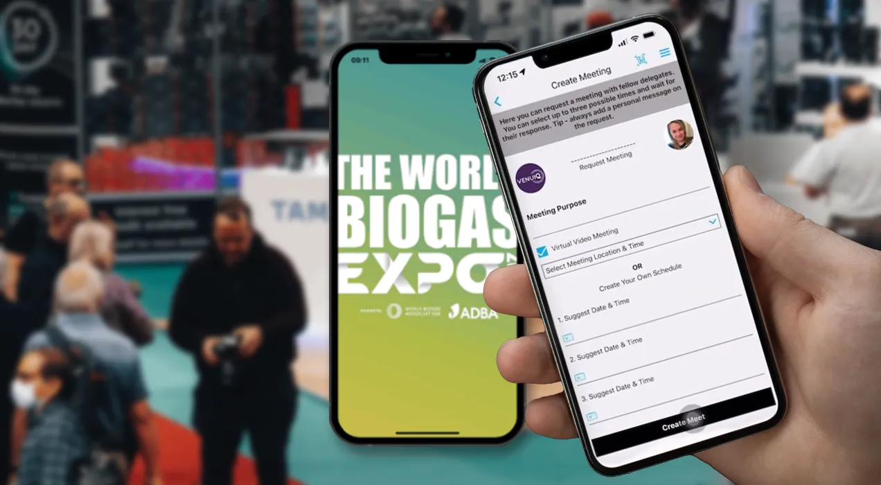 Mobile event app on smartphones showing opportunities for branding and arranging meetings