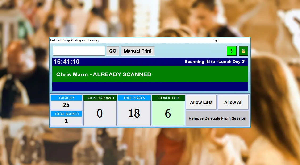 Software showing attendee has already been scanned into session
