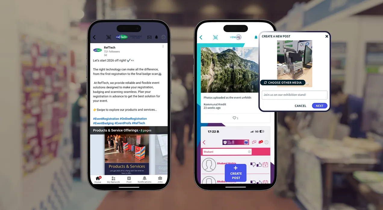 LeadReference app on mobile phone showing attendee statistics